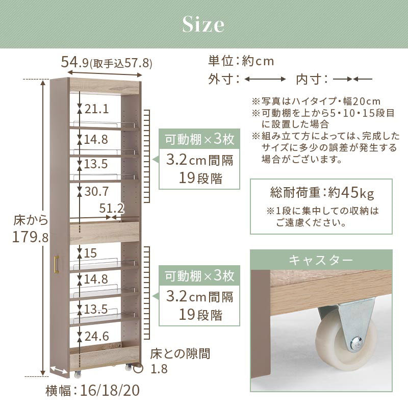 PUTUPUTUワゴンラック　ハイタイプ〔幅16／18／20cm〕